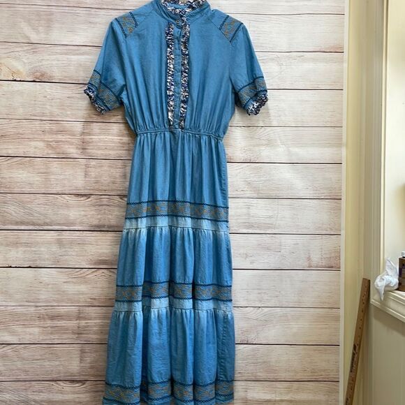 ANTHROPOLOGIE RED + OLIVE PEASANT MAXI DRESS IN BLUE CHAMBRAY - Picture 1 of 9